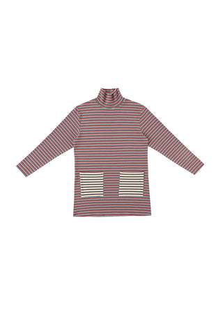 Turtleneck Cotton Pocket Dress Red Stripe