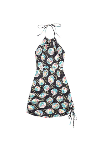 Cinch Tie Halter Dress Soft Linen Baseballs