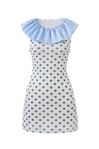 Mesh Silk Clown Collar Mini Dress Blue Polka Dot