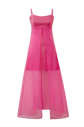 Sheer Satin Layered Prom Dress Pink