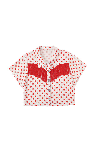 Soft Linen Fringe Blouse Red Polka Dot