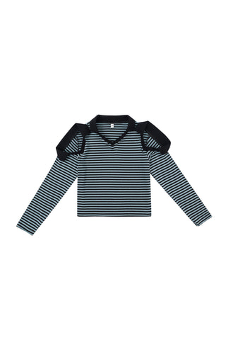 Long Sleeve 3 Collar Rugby Tee Blue Stripe