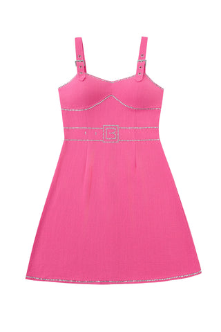 Buckle Strap Rhinestone Soft Linen Mini Dress Pink