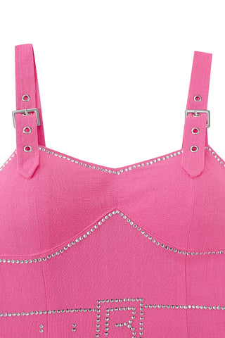 Buckle Strap Rhinestone Soft Linen Mini Dress Pink