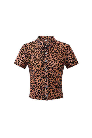 New Jersey Leopard Mesh Short Sleeve Button Up Top