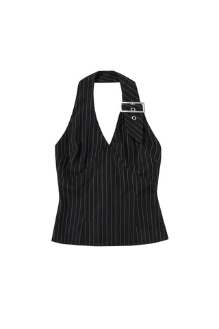 Buckle Halter Top Tencel Stripe Black