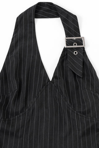 Buckle Halter Top Tencel Stripe Black