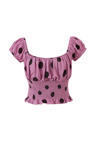 Soft Linen Smocked Waist Blouse Purple Polka Dot
