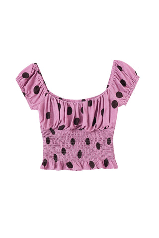Soft Linen Smocked Waist Blouse Purple Polka Dot