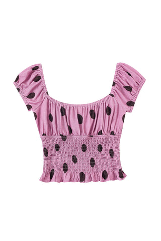 Soft Linen Smocked Waist Blouse Purple Polka Dot
