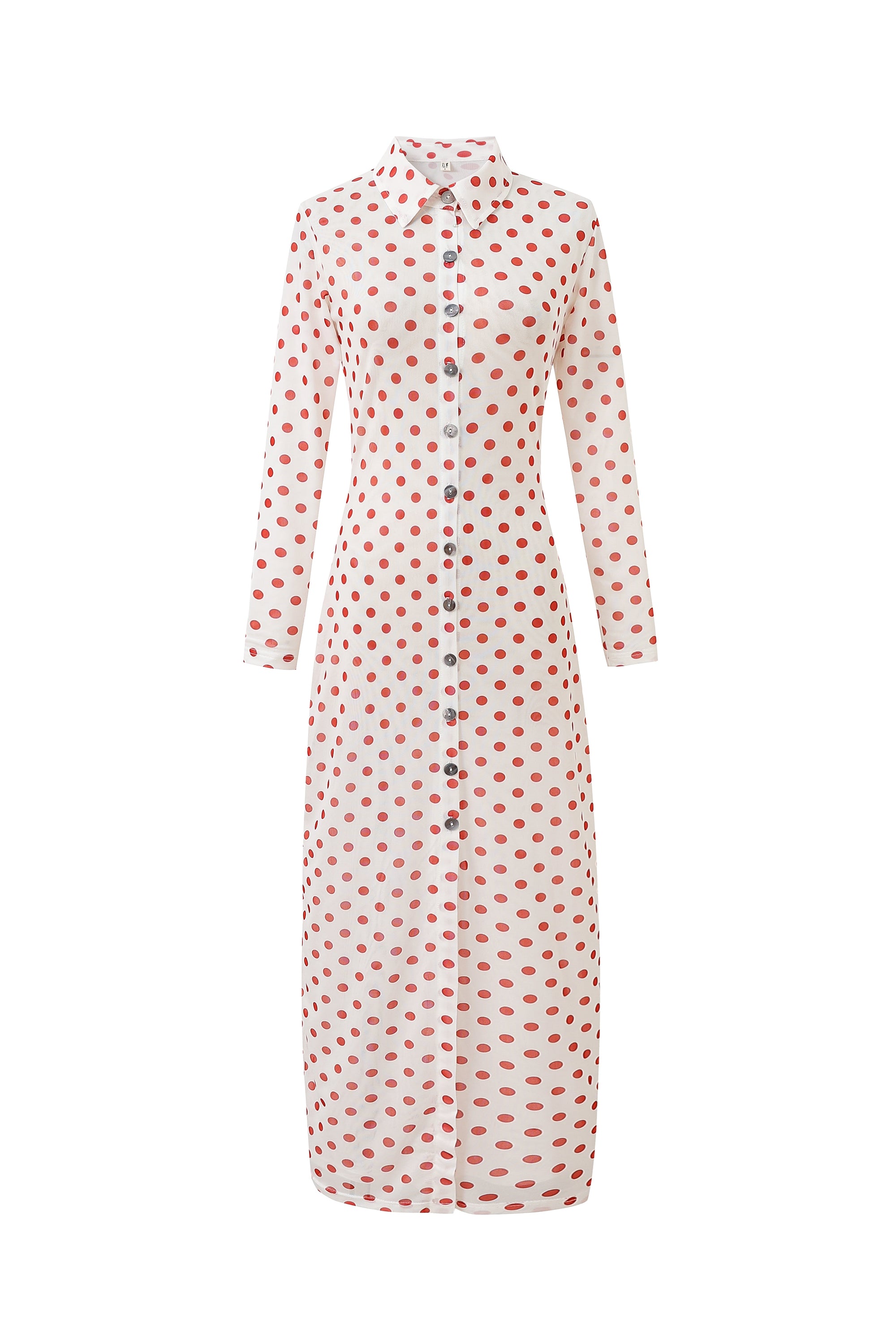Red Polka Dot Mesh Long Sleeve Button Dress 2X / Red Polka Dot Red Polka Dot Mesh Long Sleeve Button Dress 2X / Red Polka Dot