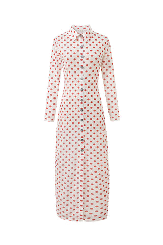 Red Polka Dot Mesh Long Sleeve Button Dress