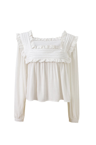 Square Neck Long Sleeve Soft Linen Blouse White