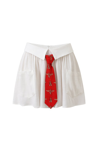 Business Tie Mini Skirt Linen White