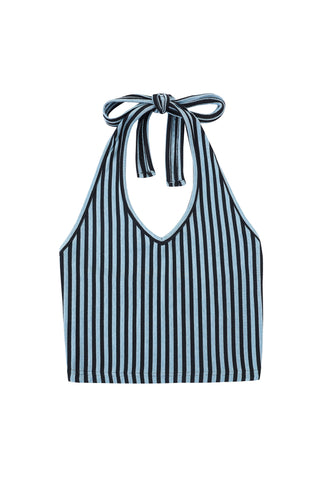 Plunge Stripe Wool Blend Halter Top Blue
