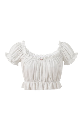 M'Lady Soft Linen Ruffle Crop Top White
