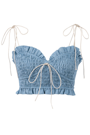 Smocked linen Crop Top Light Blue
