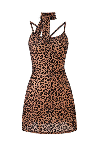 New Jersey Leopard Mesh Mini Dress with Scarf