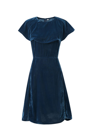Collared Velvet Medieval Slit Mini Dress Blue