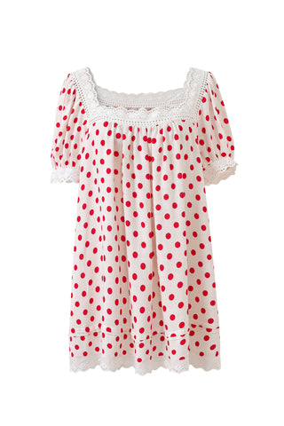 Soft Linen Lace House Dress Red Polka Dot
