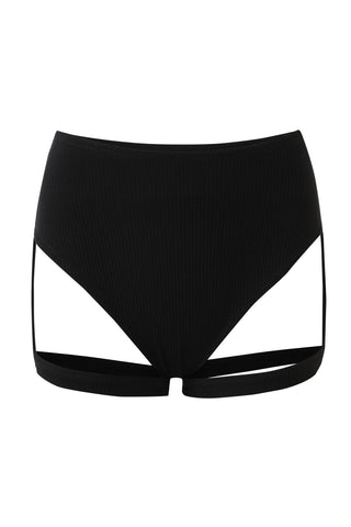 Black Tencel Rib High Waist Garter Bikini Bottom