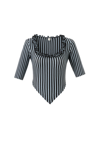 Ruffled Scoop Neck Top Blue Stripe