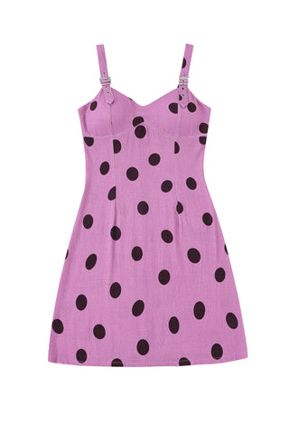 Buckle Strap Soft Linen Mini Dress Purple Polka Dot