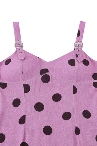 Buckle Strap Soft Linen Mini Dress Purple Polka Dot
