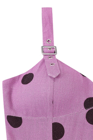 Buckle Strap Soft Linen Mini Dress Purple Polka Dot
