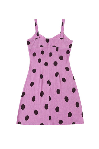 Buckle Strap Soft Linen Mini Dress Purple Polka Dot