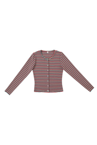 Long Sleeve Button Top Red Stripe