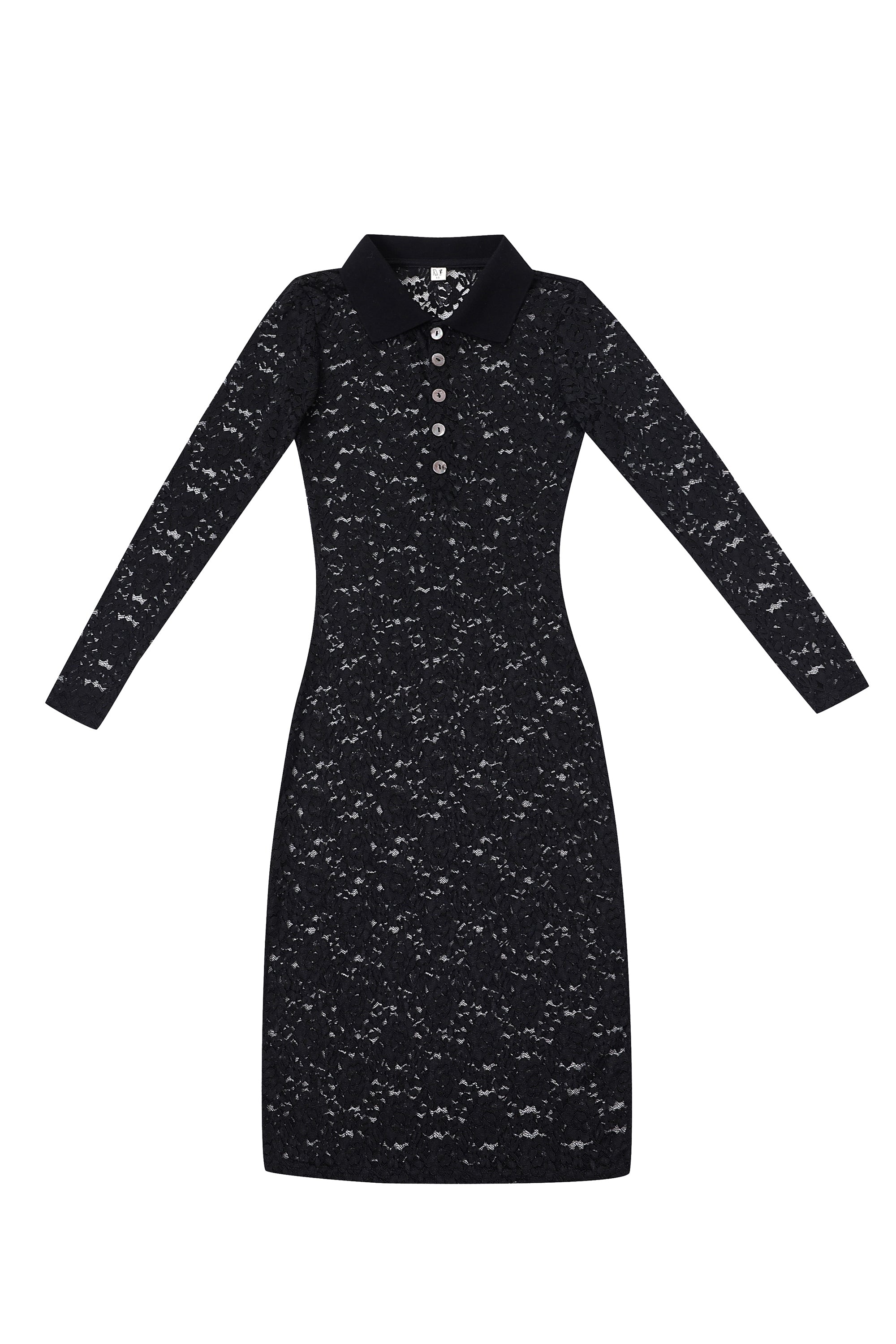 black lace collared dress Collar Button Lace Dress-Black
