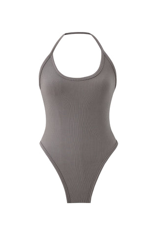 Tencel Rib Thong Halter Bodysuit Gray