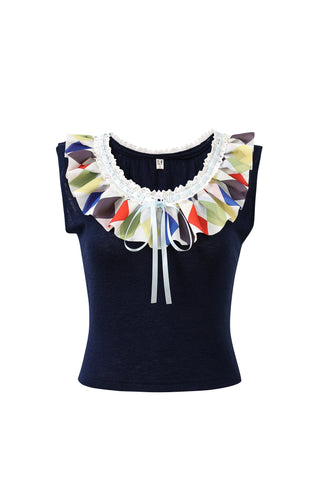 Wool Blend Ruffle Collar Clown Crop Tee Navy