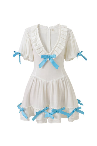 Bo Peep Dress Soft Linen White/Blue