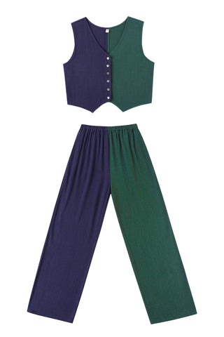 Vest & Pants Soft Linen Lazy Pants Set Navy/Forest