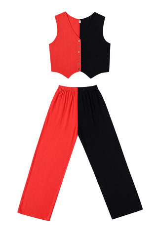 Vest & Pants Soft Linen Lazy Pants Set Red/Black