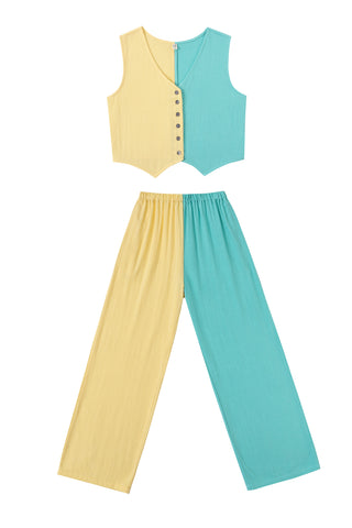 Vest & Pants Soft Linen Lazy Pants Set Yellow/Mint