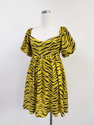 SAMPLE #354 - M Soft Linen Puff Sleeve Mini Dress - Tiger Stripe