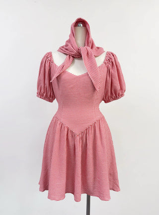 SAMPLE #362 - S/M Soft Linen Gingham Strega Nona Dress And Scarf - Red