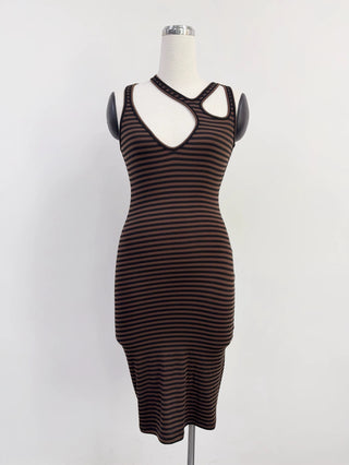 SAMPLE #364 - S Wool Blend Stripe Strappy Dress - Brown