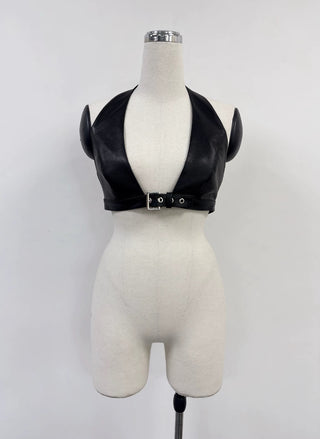 SAMPLE #369 - XS/S Genuine Leather Halter Bra Top - Black