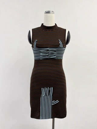 SAMPLE #375 - S Handsy Wool Blend Mock Neck Dress - Brown Stripe