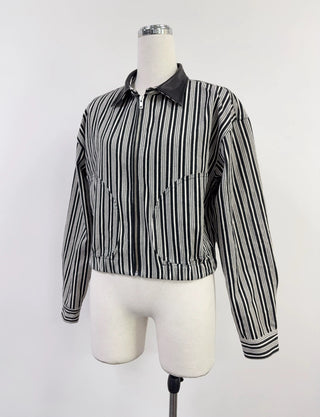 SAMPLE #383 - S Cropped Bomber Leather Collar Jacket - Black / White