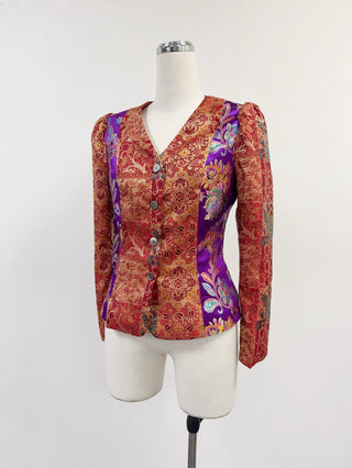 SAMPLE #384 - S Brocade Satin Long Sleeve Top - Red / Purple
