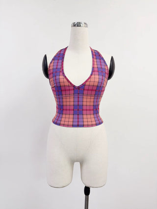 SAMPLE #396 - S Plaid Halter Yoga Top - Purple Plaid