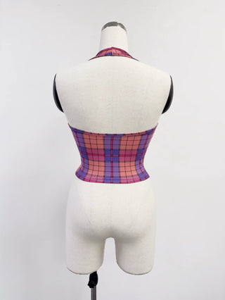 SAMPLE #396 - S Plaid Halter Yoga Top - Purple Plaid