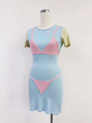 SAMPLE #401 - S Candy Stripe Bikini Bod Mini Dress - Blue / Pink