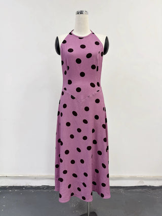 SAMPLE #404 - S Soft Linen Resort Halter Dress - Purple Polka Dot