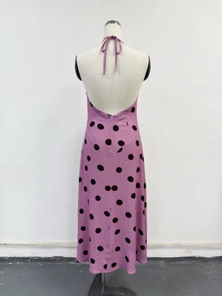SAMPLE #404 - S Soft Linen Resort Halter Dress - Purple Polka Dot